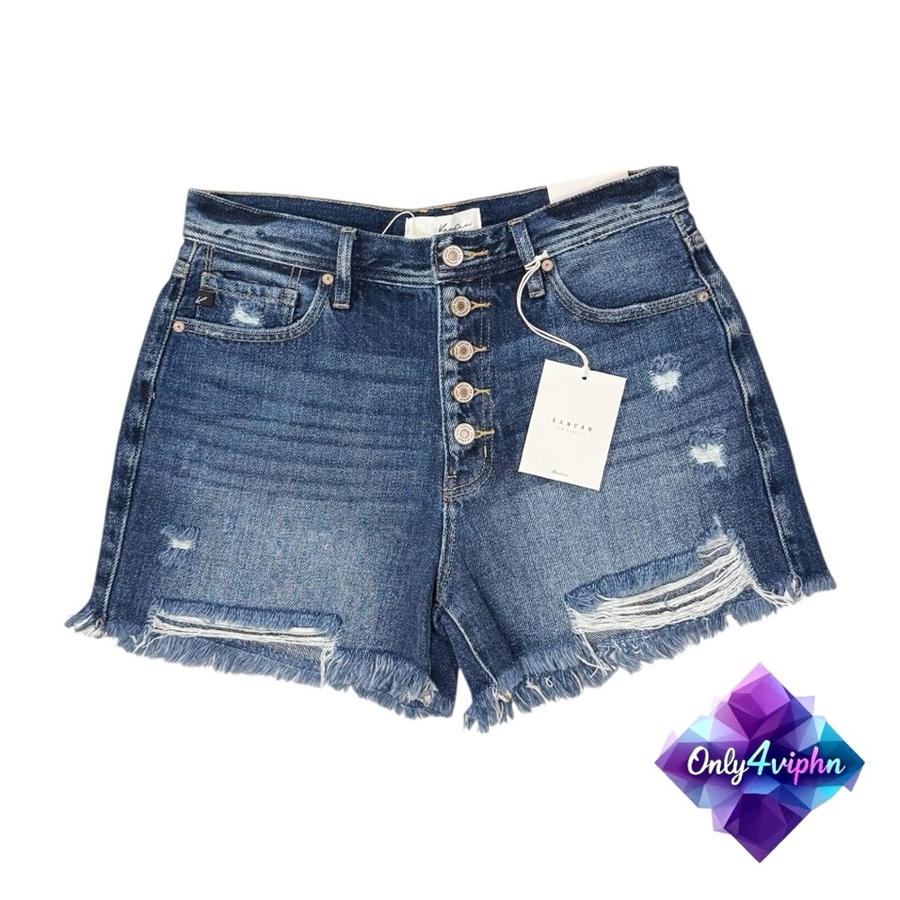 NWT KANCAN  High Rise Button Fly Mom Jean Shorts Distressed Frayed Size L